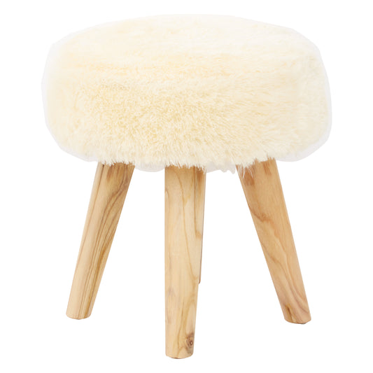 Nepal Cream Faux Fur and Teak Wood Low Stool