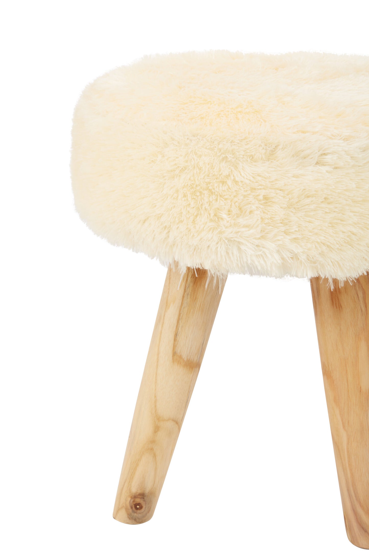 Nepal Cream Faux Fur and Teak Wood Low Stool