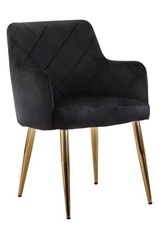 Lorena Black Velvet Quilted Dining Chair with Gold Finish Legs