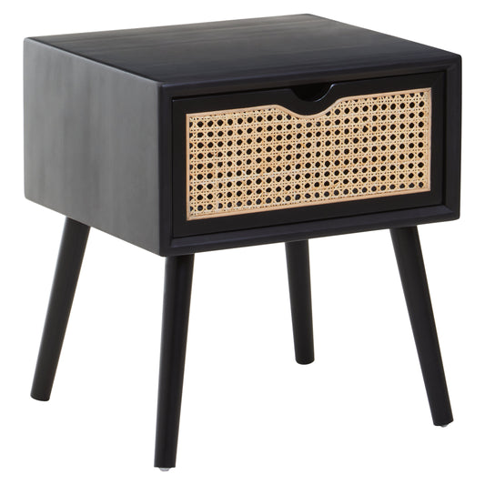 Fiji Black Side Table with Rattan Drawer