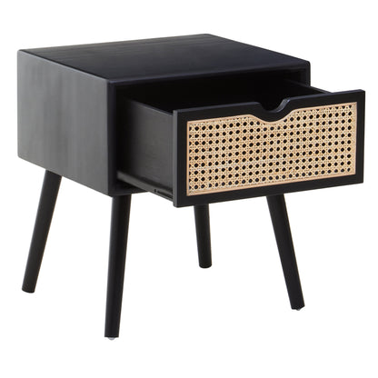 Fiji Black Side Table with Rattan Drawer