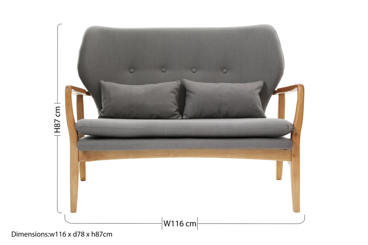 Mid-Century Grey 2 Seater Sofa with Birch Wood Frame