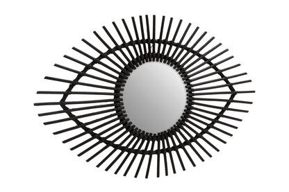 India Black Natural Rattan Eye Shape Wall Mirror