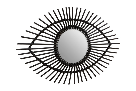 India Black Natural Rattan Eye Shape Wall Mirror