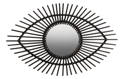 India Black Natural Rattan Eye Shape Wall Mirror