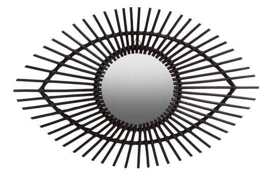 India Black Natural Rattan Eye Shape Wall Mirror