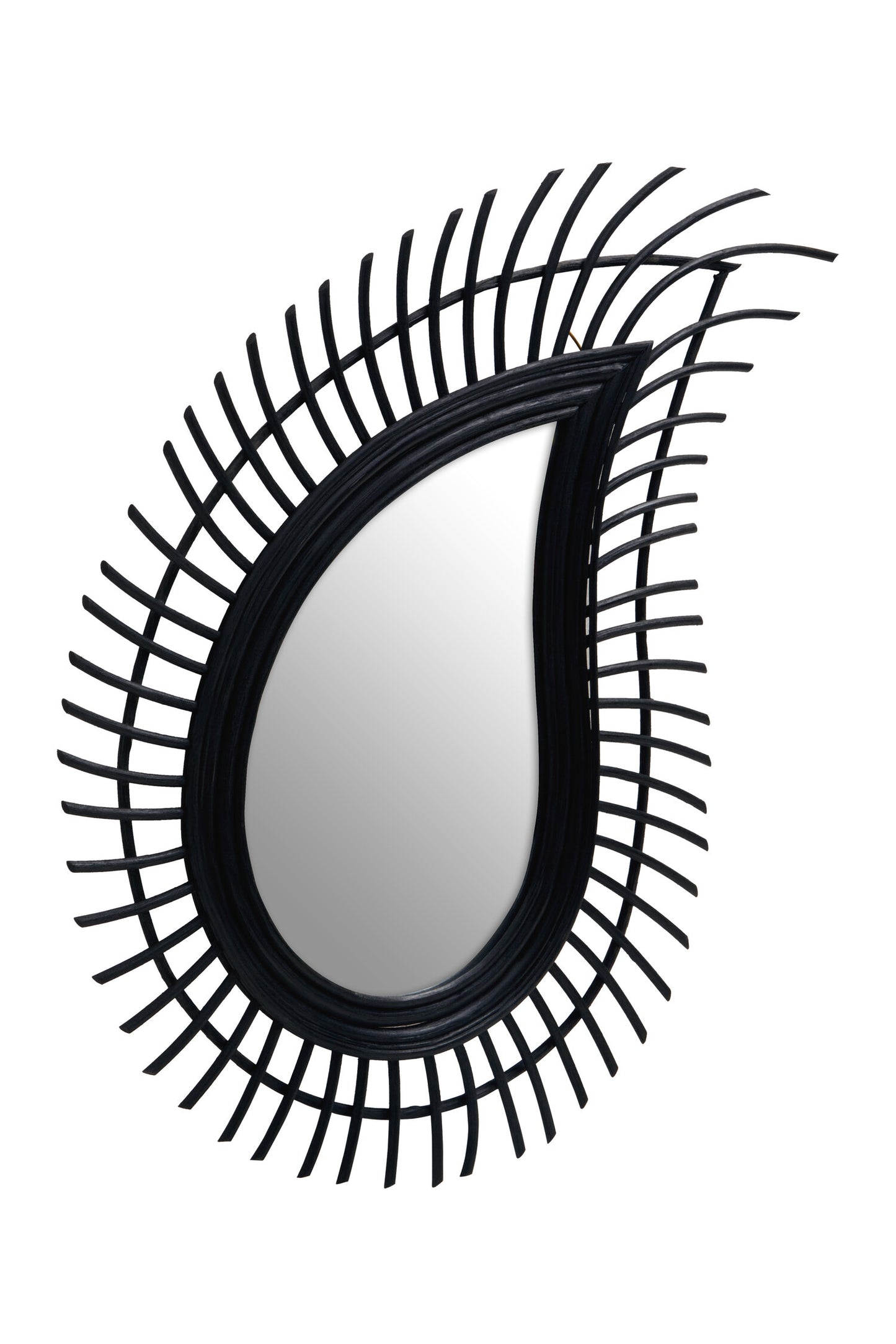 India Teardrop Black Natural Rattan Wall Mirror