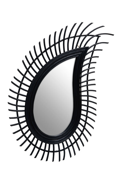 India Teardrop Black Natural Rattan Wall Mirror