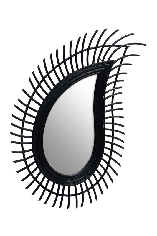 India Teardrop Black Natural Rattan Wall Mirror