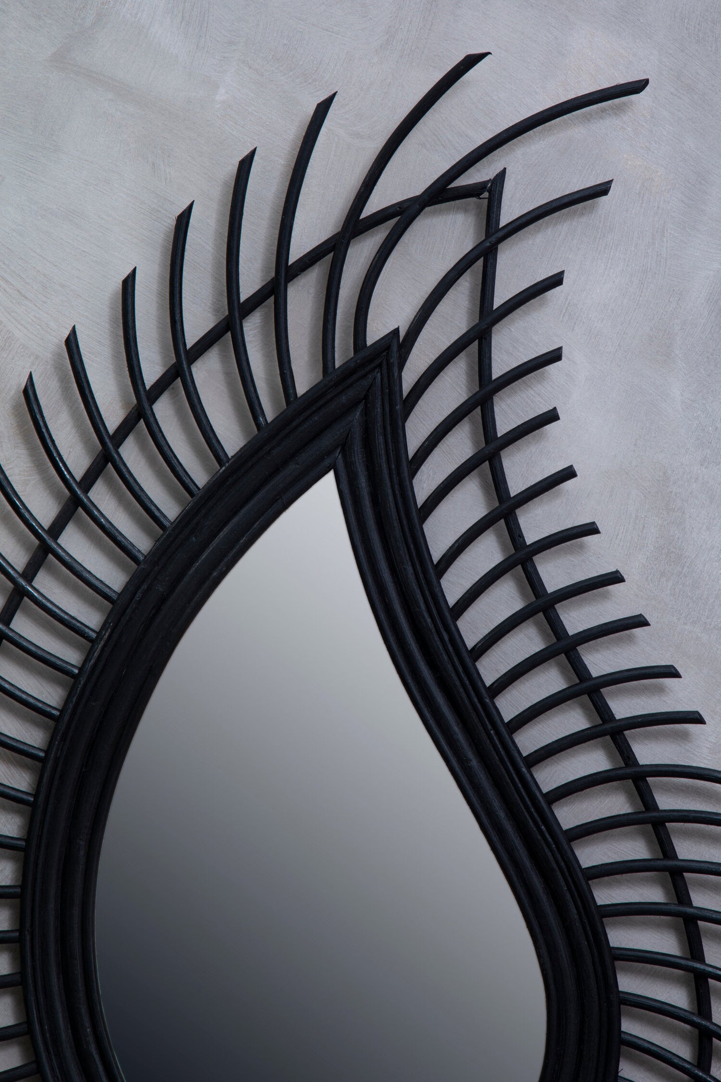 India Teardrop Black Natural Rattan Wall Mirror