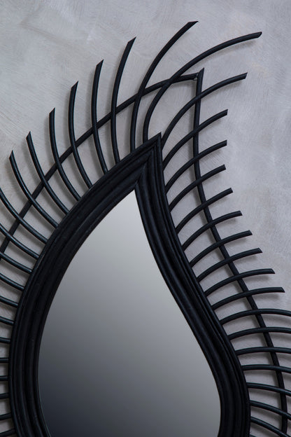 India Teardrop Black Natural Rattan Wall Mirror