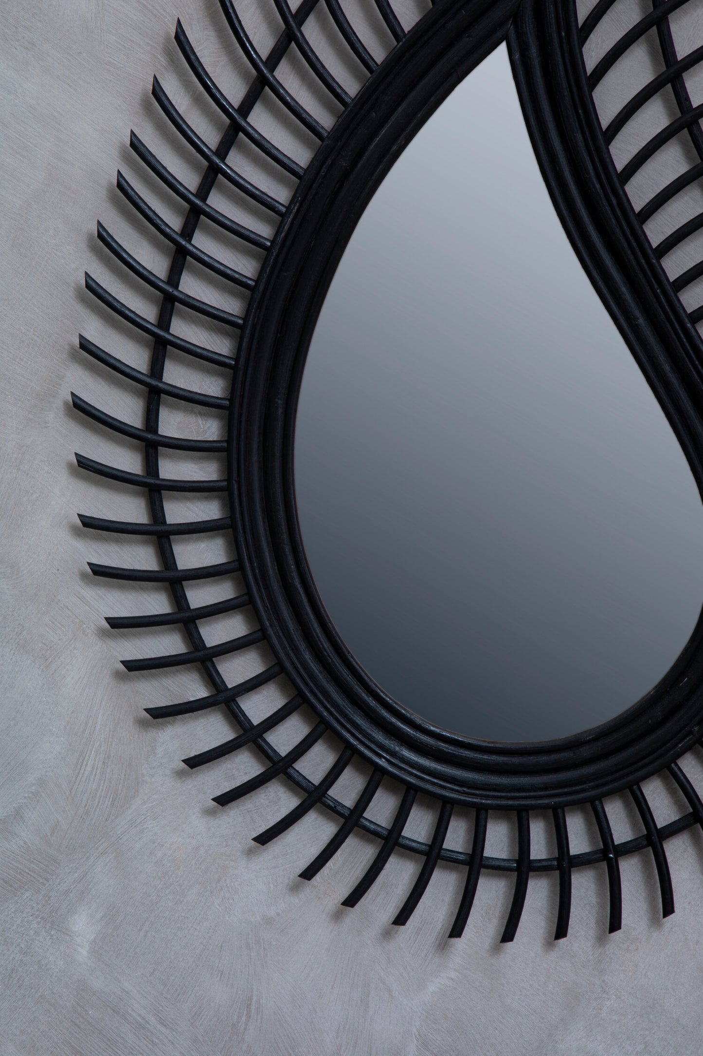 India Teardrop Black Natural Rattan Wall Mirror