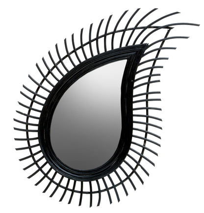 India Teardrop Black Natural Rattan Wall Mirror