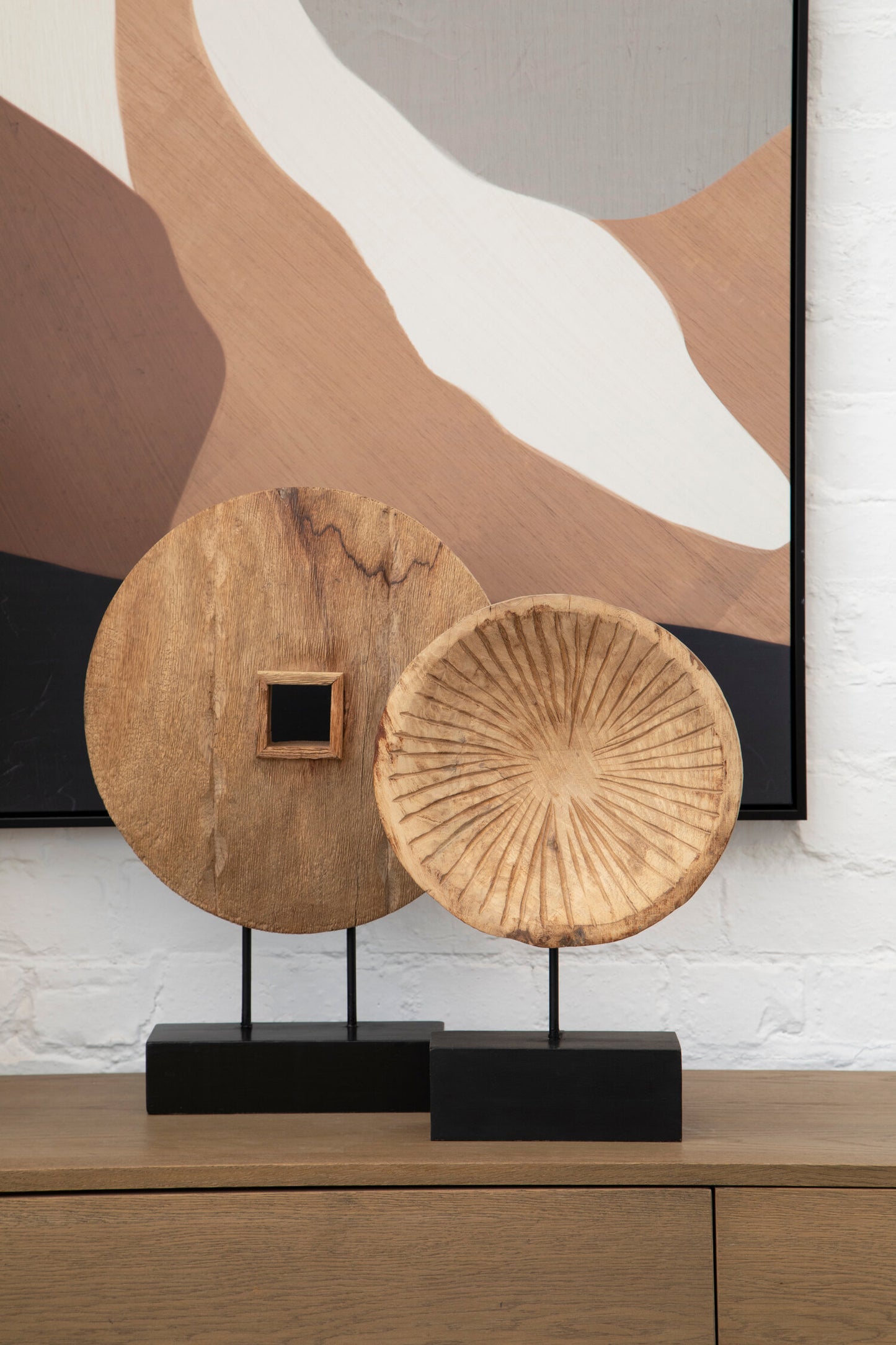 Luxe Decor Large Carved Mango Wood Disc Sculpture on Stand