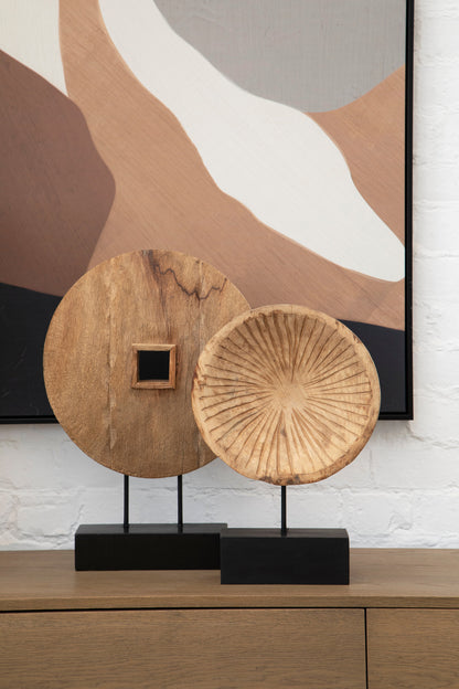 Luxe Decor Large Carved Mango Wood Disc Sculpture on Stand