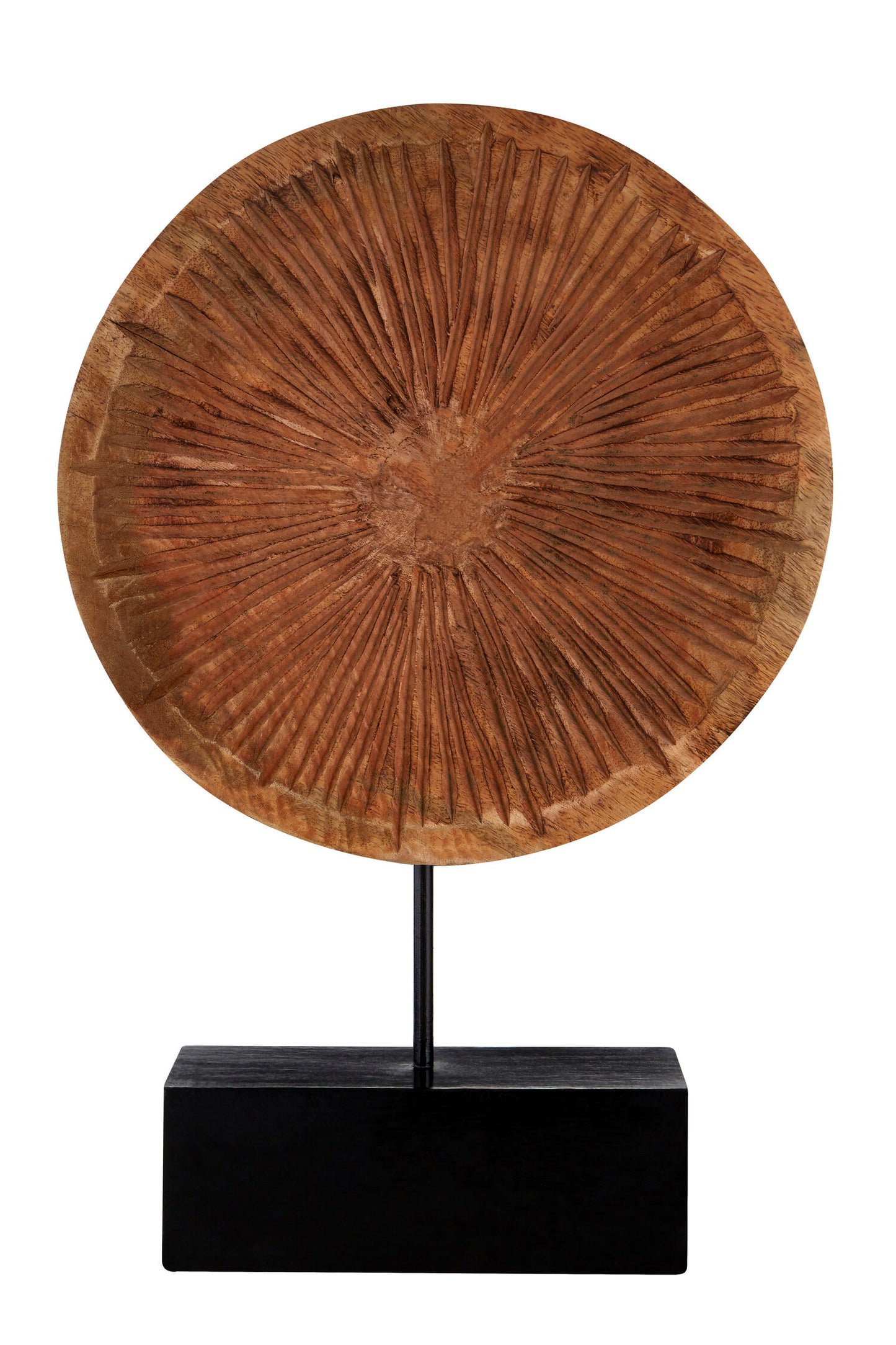 Luxe Decor Large Carved Mango Wood Disc Sculpture on Stand