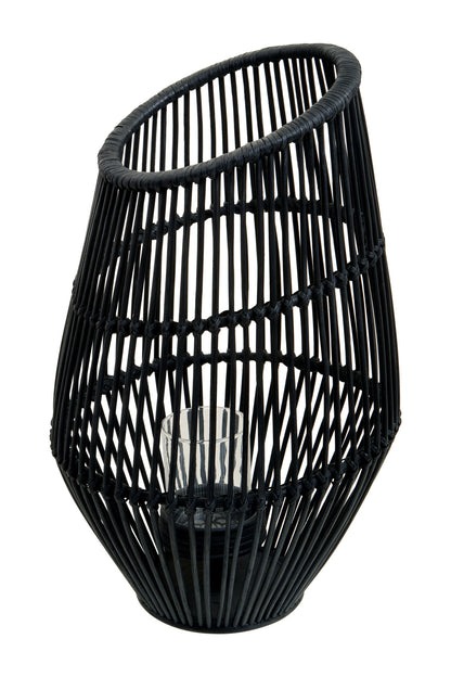India Large Black Natural Rattan Lantern Candle Holder | Bali & Blue