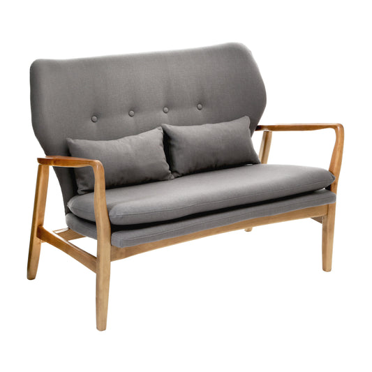 Mid-Century Grey 2 Seater Sofa with Birch Wood Frame