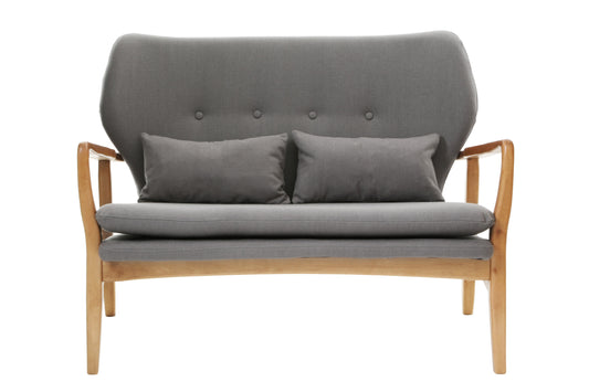 Mid-Century Grey 2 Seater Sofa with Birch Wood Frame