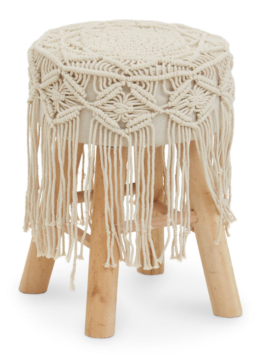 Gigi Natural Wood Boho Woven Seat Stool | Bali & Blue