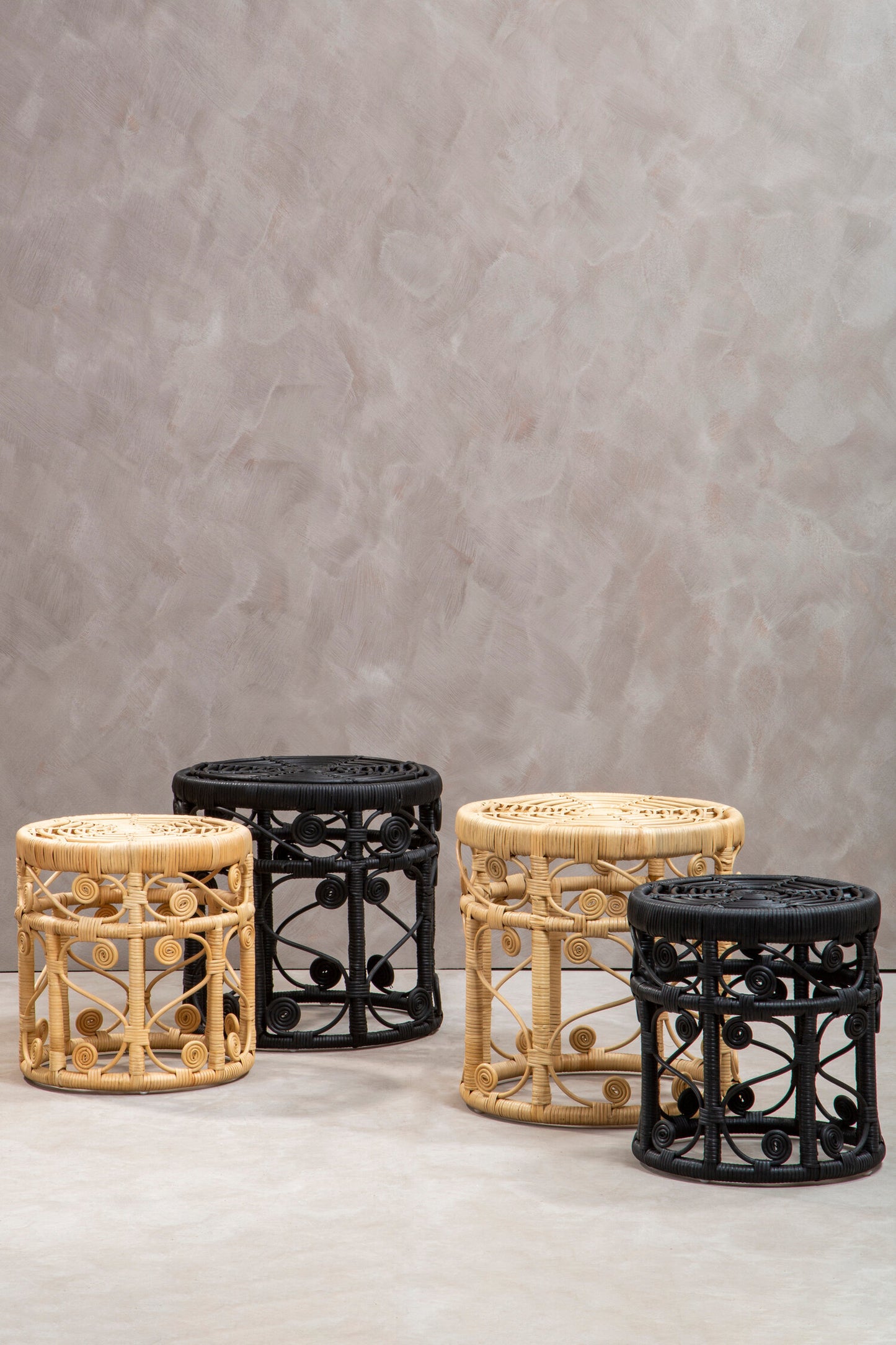 India Set of 2 Natural Rattan Boho Side Tables