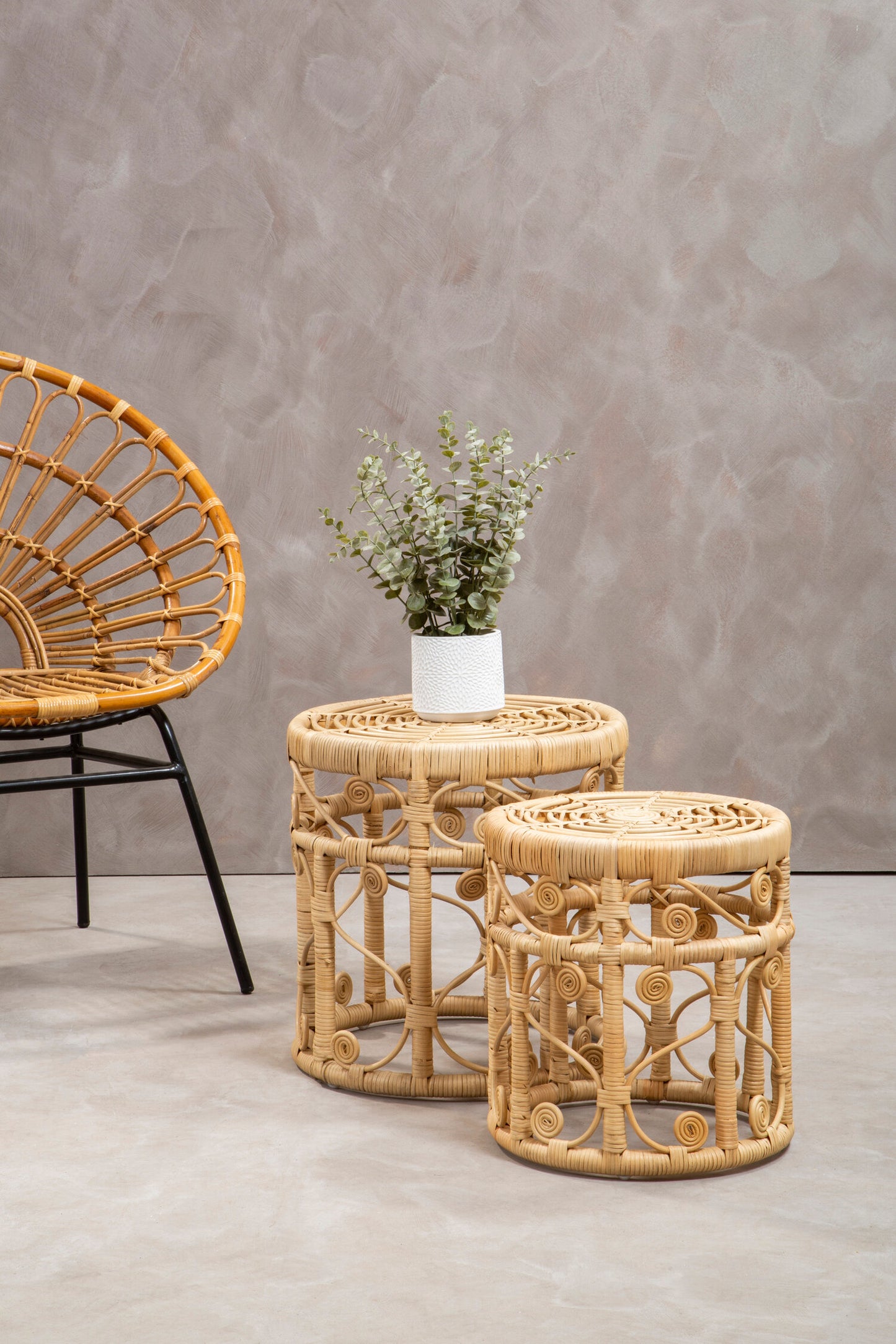 India Set of 2 Natural Rattan Boho Side Tables