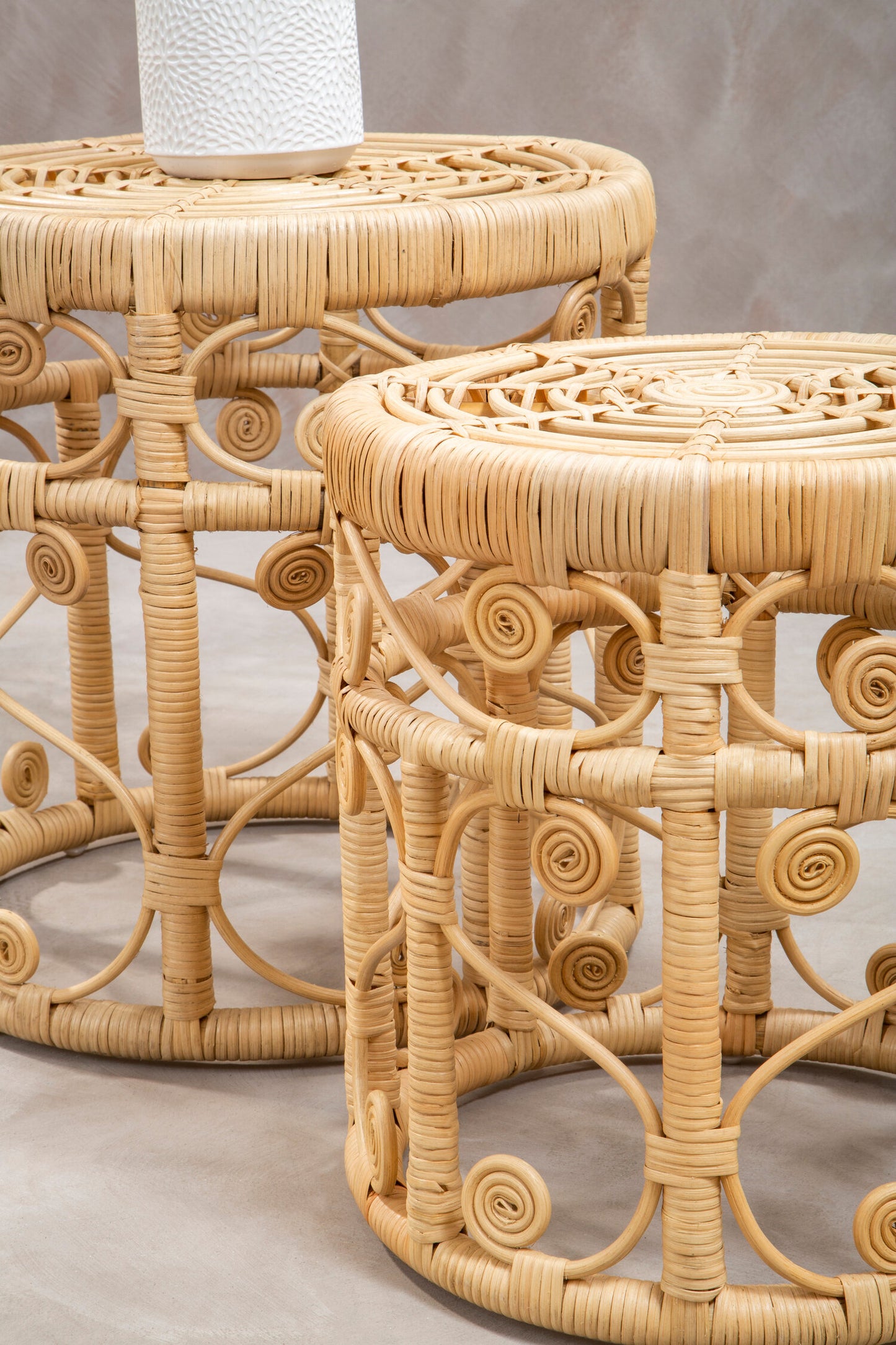 India Set of 2 Natural Rattan Boho Side Tables