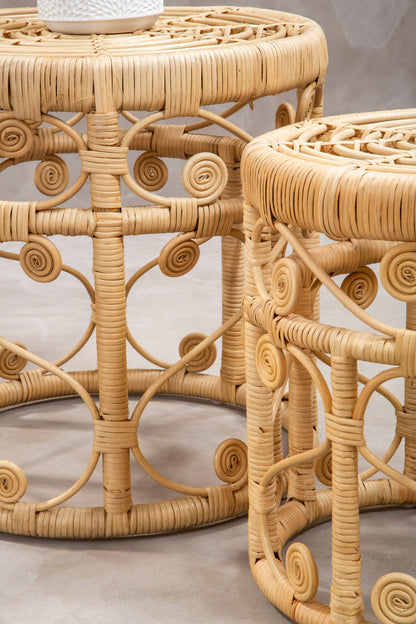 India Set of 2 Natural Rattan Boho Side Tables