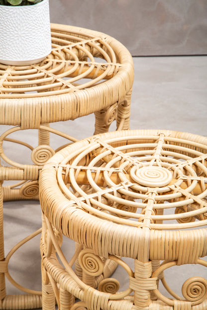 India Set of 2 Natural Rattan Boho Side Tables
