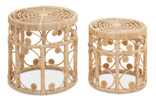 India Set of 2 Natural Rattan Boho Side Tables | Bali & Blue