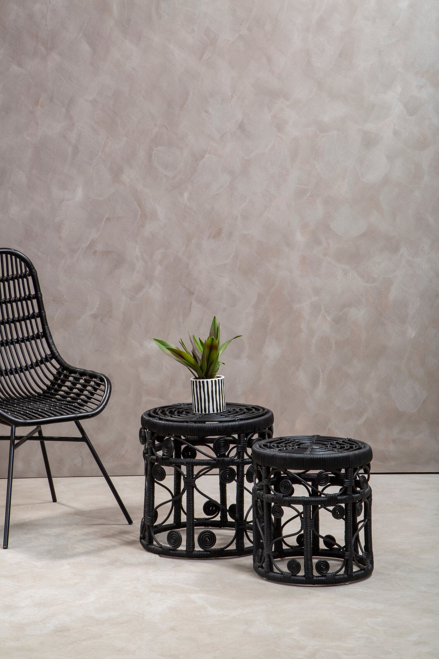India Set of 2 Black Rattan Boho Side Tables