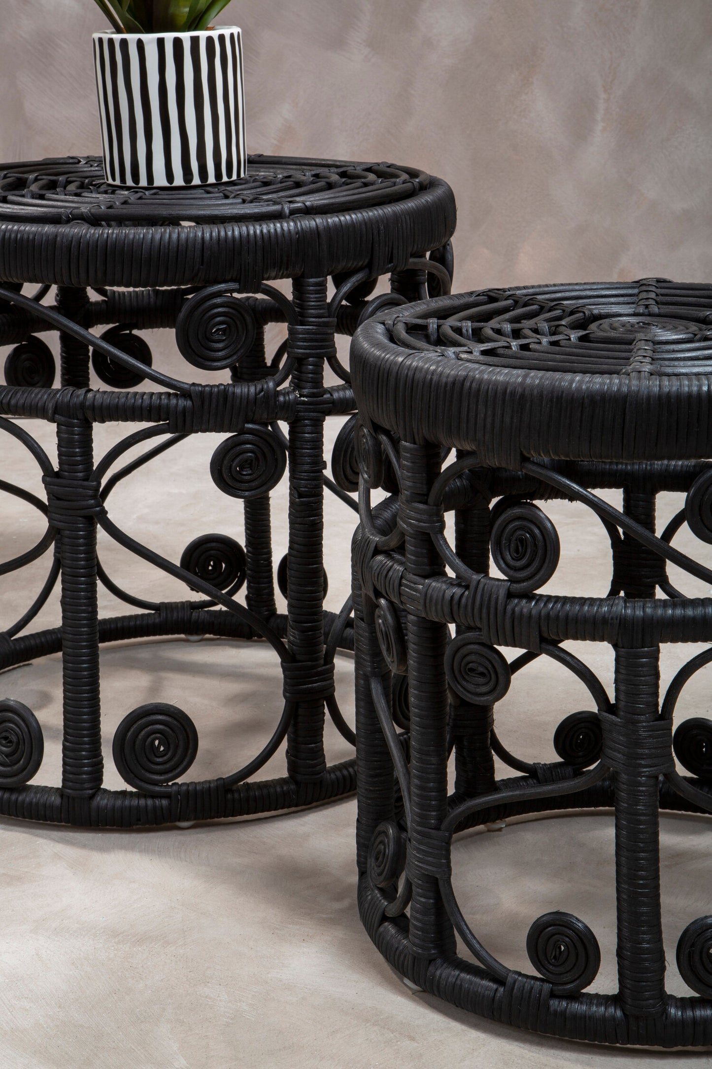 India Set of 2 Black Rattan Boho Side Tables