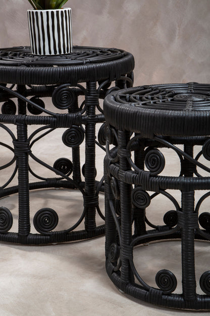 India Set of 2 Black Rattan Boho Side Tables