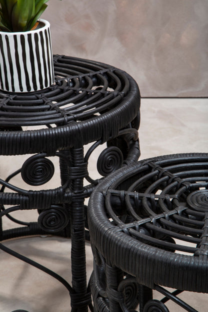 India Set of 2 Black Rattan Boho Side Tables