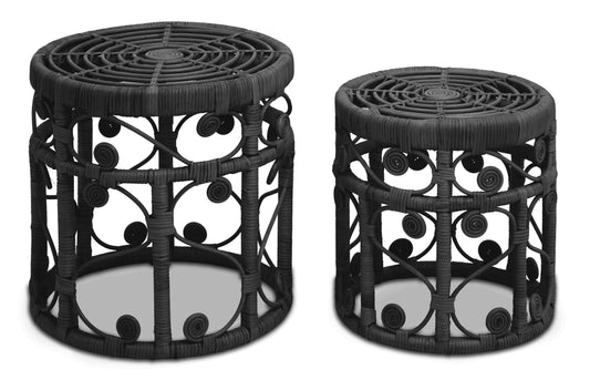 India Set of 2 Black Rattan Boho Side Tables | Bali & Blue
