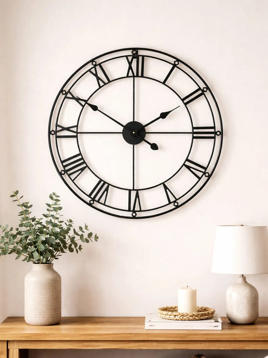 Roman Industrial Matt Black Metal Wall Clock