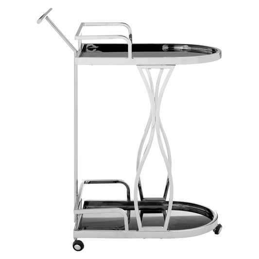 Valrez Black Glass and Silver Frame 2 Tier Trolley Bar Cart | Bali & Blue