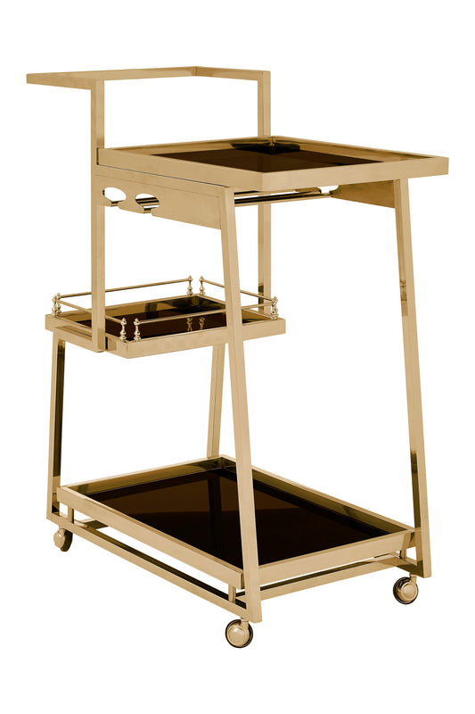 Valrez 3 Tier Black Glass and Gold Trolley Bar Cart | Bali & Blue