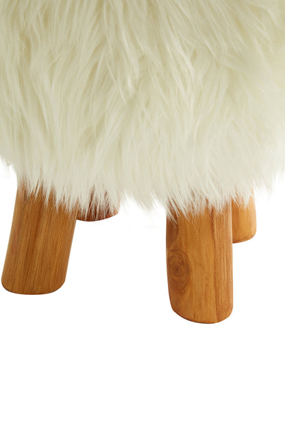 Lotus White Faux Fur Round Footstool