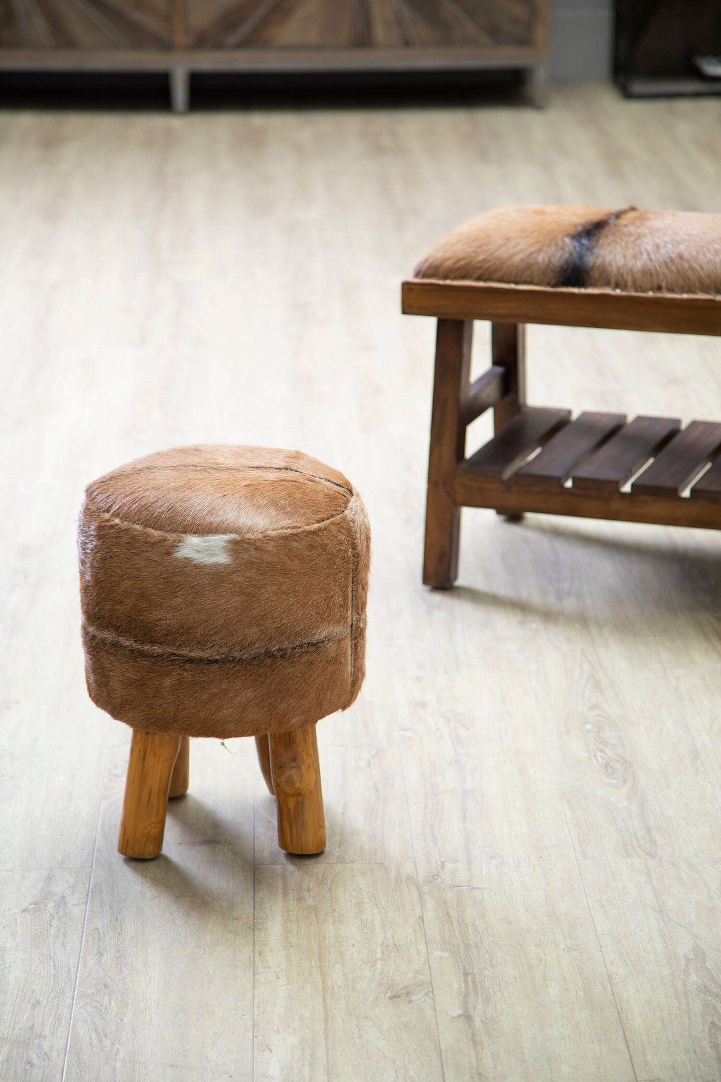 Nepal Brown Hide Leather Round Footstool