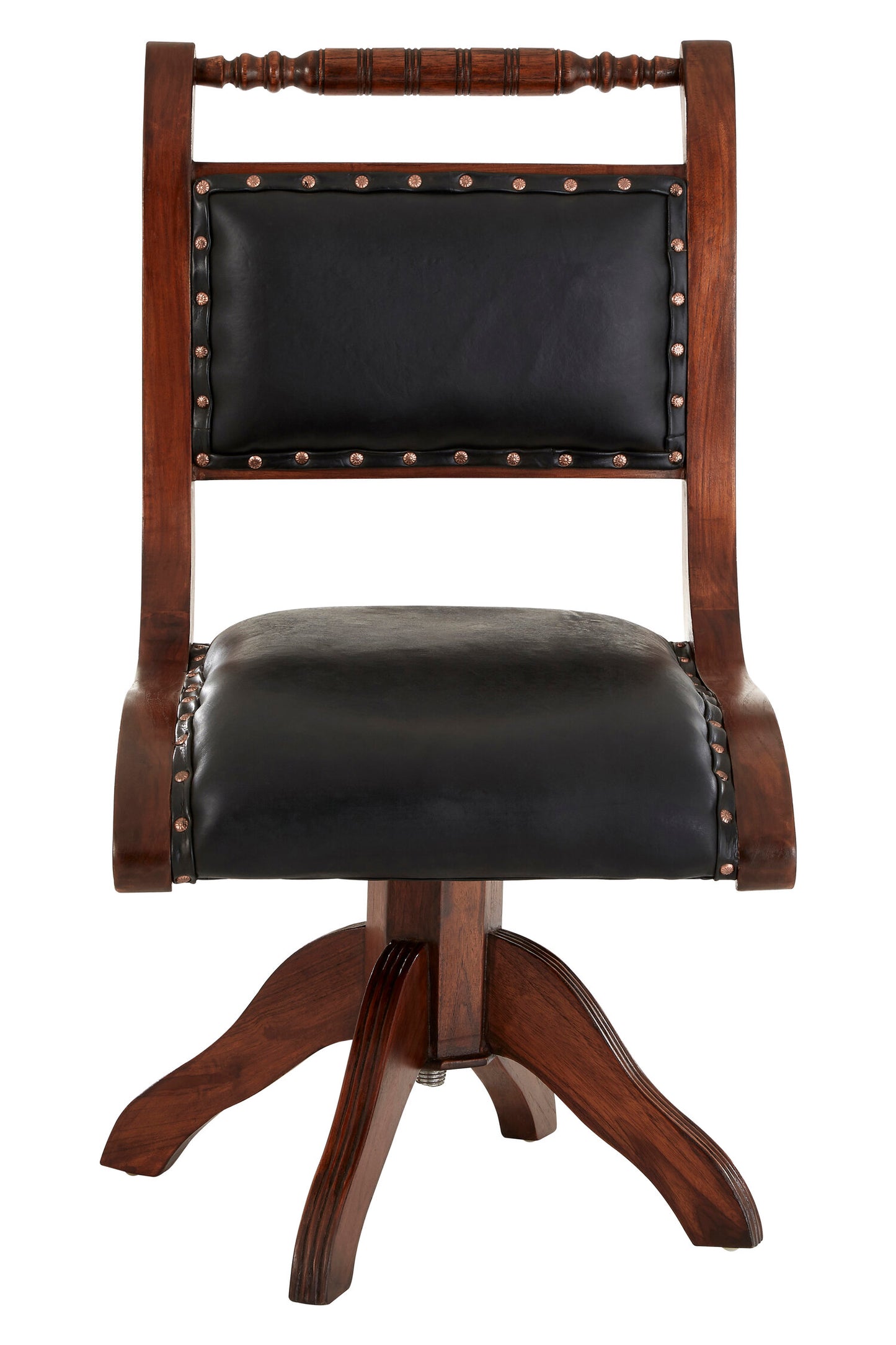Lotus Black Leather and Teak Wood Swivel Office Chair