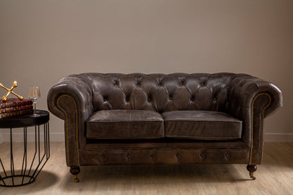 Speakeasy Dark Grey Brown Leather Chesterfield 2 Seat Sofa