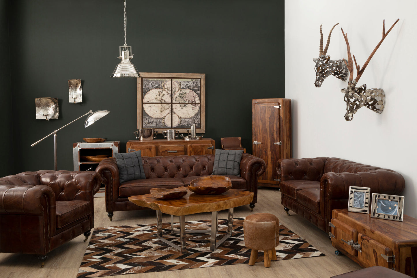 Speakeasy Dark Grey Brown Leather Chesterfield 2 Seat Sofa