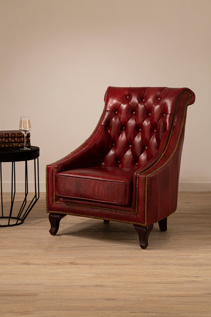 Speakeasy Deep Red Leather Lounge Chair with Buttoned Back