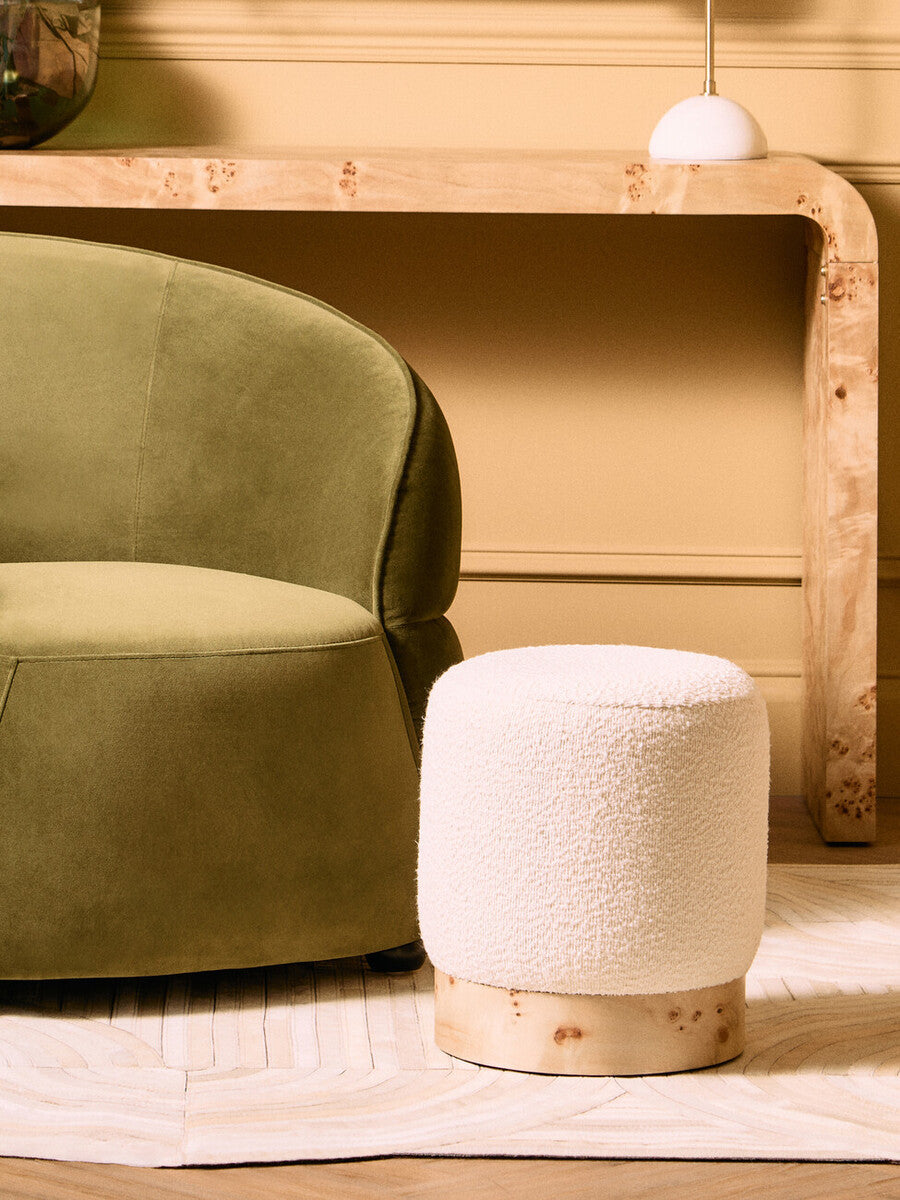 Aspen Burl Wood and Cream Boucle Round Footstool