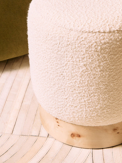 Aspen Burl Wood and Cream Boucle Round Footstool