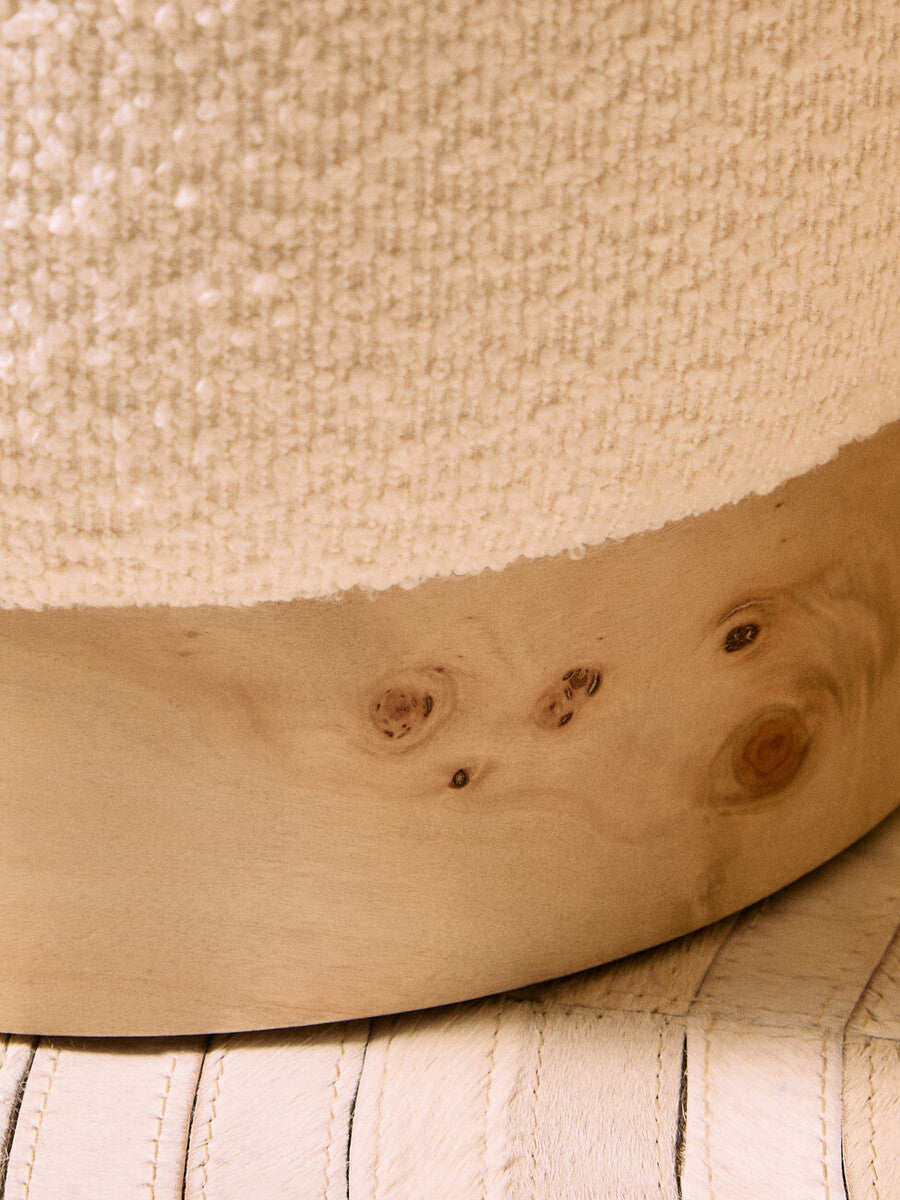 Aspen Burl Wood and Cream Boucle Round Footstool