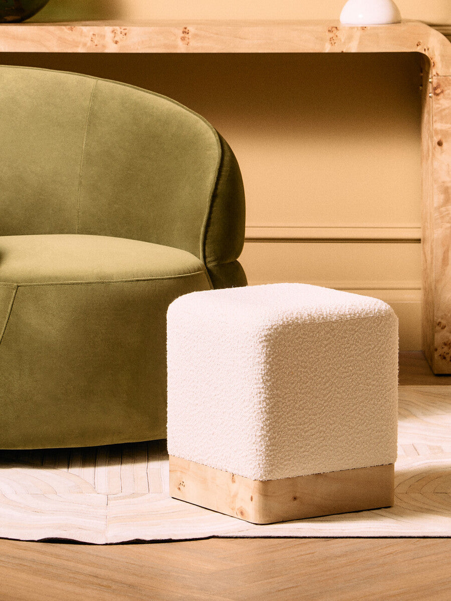 Aspen Burl Wood and Cream Boucle Square Footstool