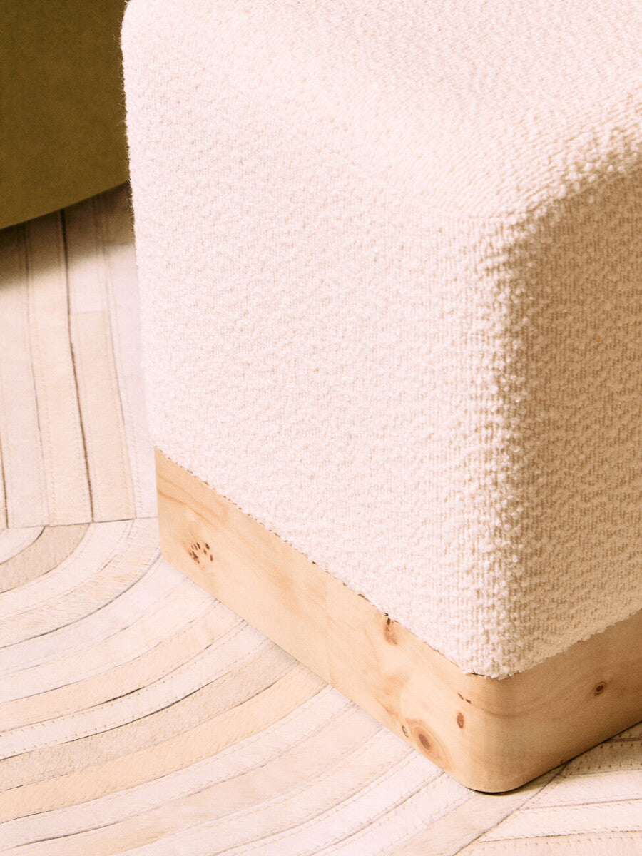 Aspen Burl Wood and Cream Boucle Square Footstool