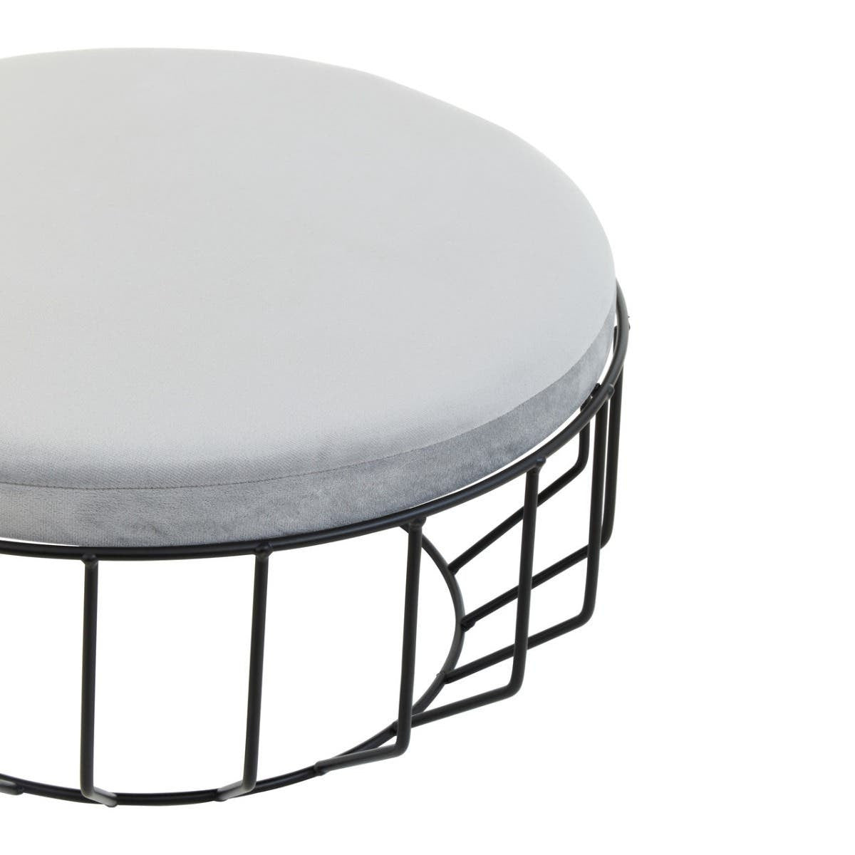 Liam Round Grey Velvet and Black Metal Large Footstool